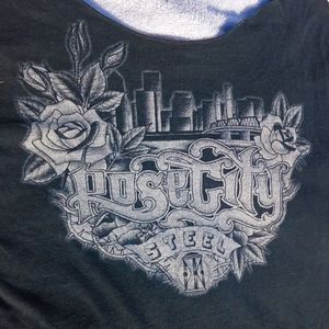 Women's Size Large Black Graphic Tee Rose City Steel Low Cut Neckline